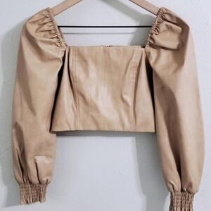 7 For All Mankind Tan Faux Leather Puff long Sleeve Crop Top   XS S Camel